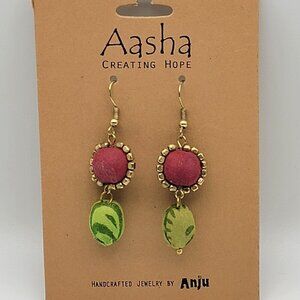 Anju Watermelon Earrings 1.5 Inch Gold-Tone French Wire Green Red Dangle Aasha